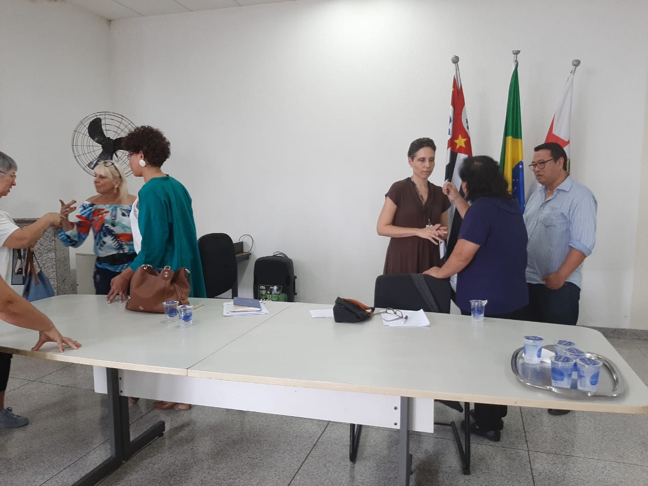 Imagem de dois grupos de três pessoas cada debatendo o projeto atrás de uma mesa oval, com as bandeiras do Brasil e Estado de São Paulo ao fundo